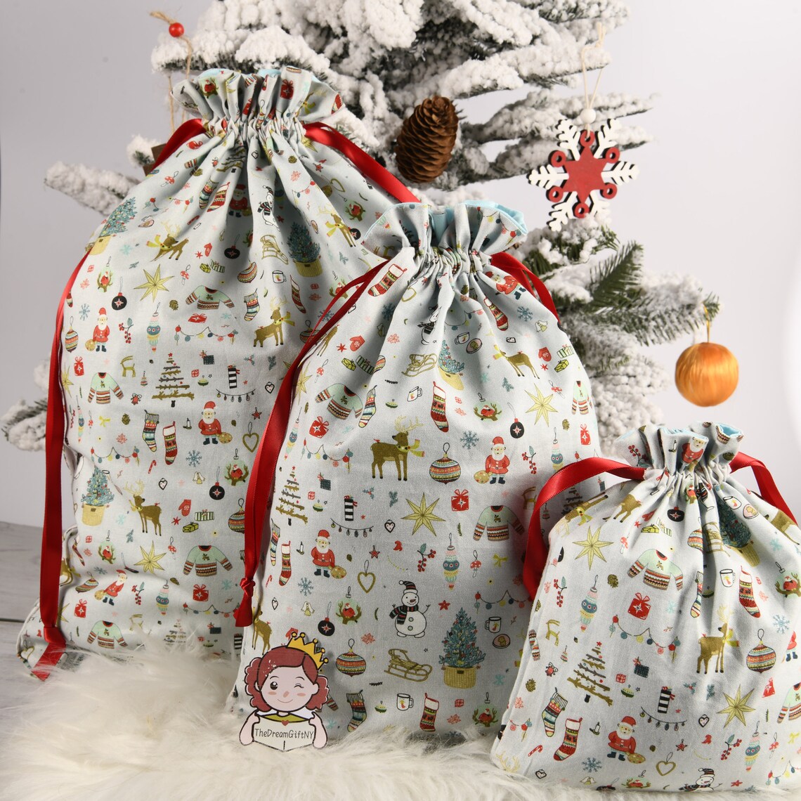 Drawstring Gift Tote Bag Fabric Christmas Gift Bag Reusable Etsy