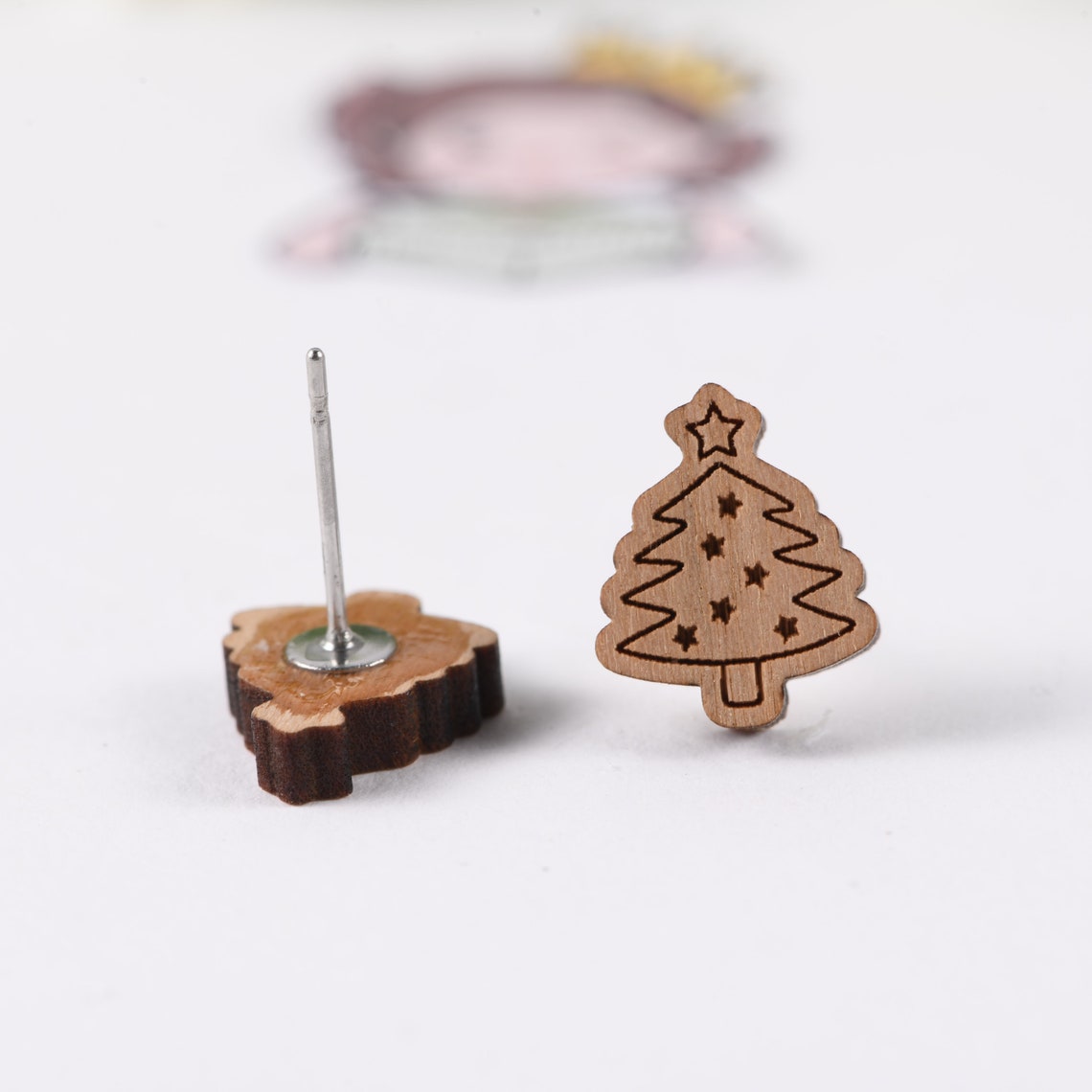 2 Pairs Wooden Stud Earrings Christmas Earring Set Christmas Etsy