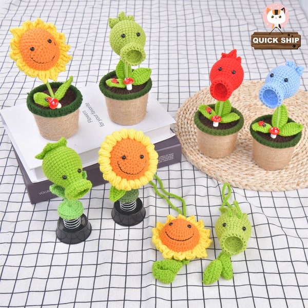 Handmade Crochet Pea Shooter/ Sun Flower Ornaments,Pea Shooter Potted,Knit Sunflowers,Bobblehead, Plants vs. Zombies, Birthday Gift