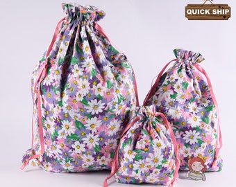 Purple Flower Handmade Gift bags,Favor Gift Bag, Holiday Birthday Gift Bag, Drawstring Cotton Tote,Fabric Storage Bag for Friend, Reusable