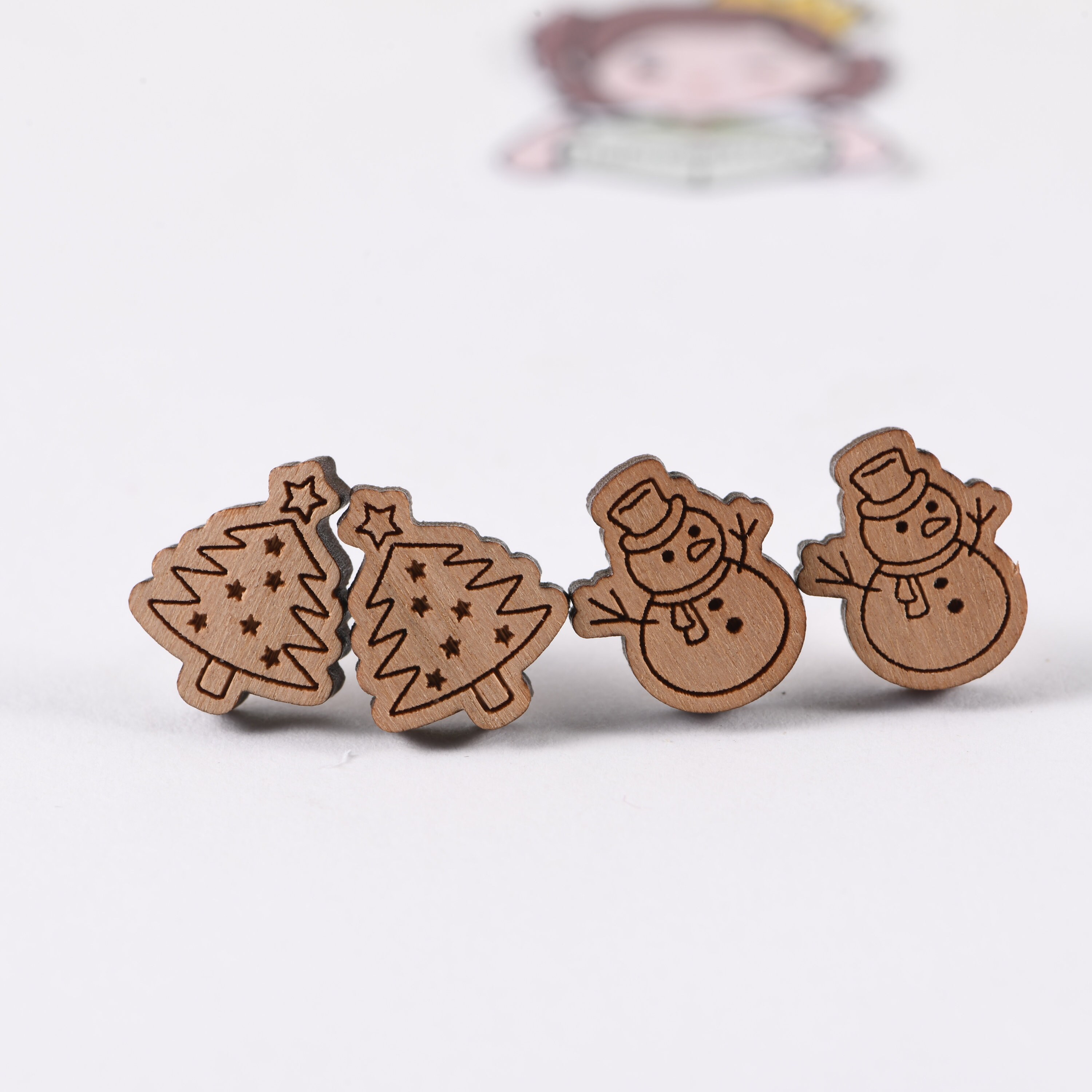 2 Pairs Wooden Stud Earrings Christmas Earring Set Christmas Etsy
