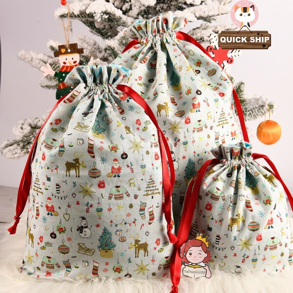 CLOSEOUT Santa/Snowman/Elk Christmas Bag, Drawstring Gift Tote Bag, Holiday Gift Bag,Cotton Gift Wrap, Holiday Gift Bags, Fabric Storage Bag