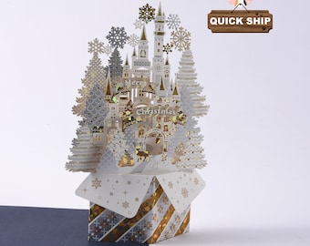 3D Christmas Card, Snowflake 3D Card, Winter 3D Greeting Card, Invitation Card, White Castle 3D Card, Pop Up Box Card, Holiday Special Card