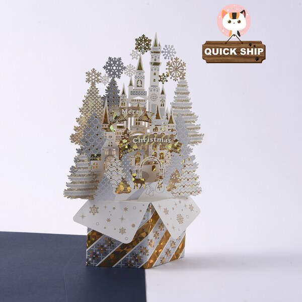 3D Christmas Card,Snowflake 3D Cards,Winter 3D Greeting Card,White Castle Invitation 3D Card,Pop Up Box Cards,Holiday Cards,Christmas gift