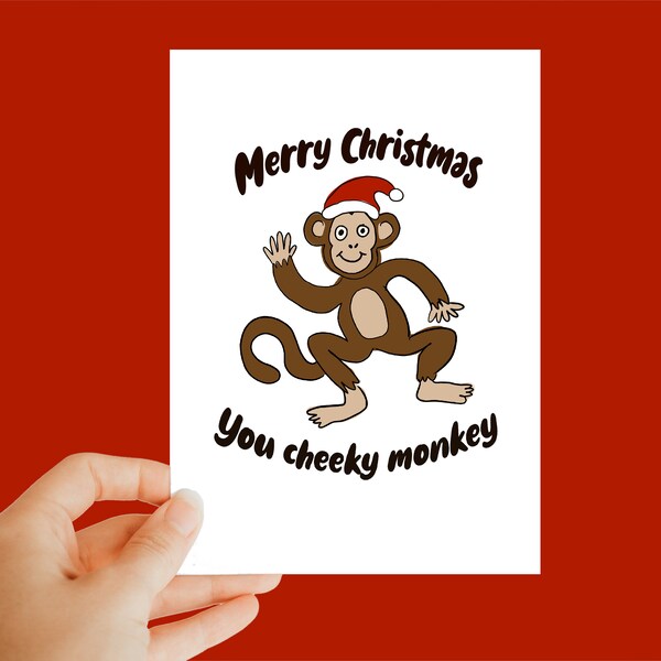 Merry Christmas you cheeky monkey, animal card, Christmas card, Christmas, festive card, humorous card, funny, quirky, xmas, christmas goose