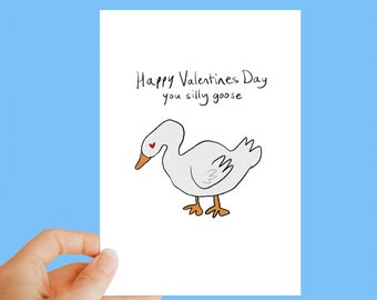 happy valentines you silly goose heart eyes, animal card, valentines card, valentines day, humorous card, funny, quirky, valentines goose v2