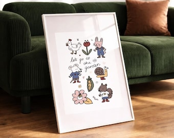 Lets go to the garden Art Poster, a6, a5, a4, a3, dog illustration, quirky wall art, poster, nature print, home decor, gardening