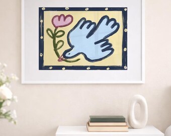 Blue Peace Dove Art Print, a6, a5, a4, a3, bird illustration, quirky wall art, poster, home decor, unique
