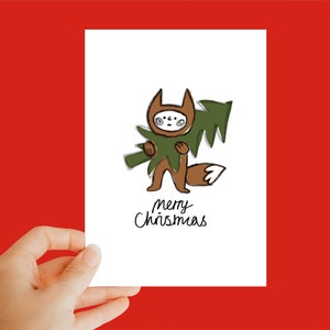 Joyeux Noël et carte d'arbre, carte de Noël amusante, carte de renard, carte mignonne, carte de Noël, carte de Noël, carte de Noël mignonne, carte de renard mignonne