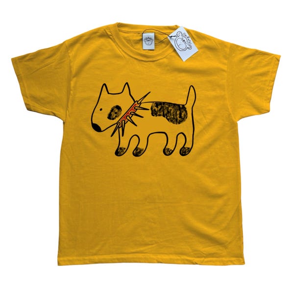 Spiky Collar gelbes Siebdruck T-Shirt von Oh Rats! Bullterrier, Hund, Welpe, niedlich
