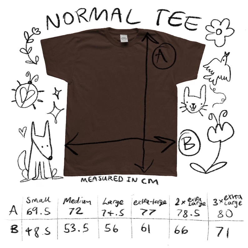 May include: A brown t-shirt with the text "NORMAL TEE" at the top. The image includes measurements in centimeters for different sizes, ranging from small to 3x extra large. The shirt's dimensions are indicated by arrows labeled A and B.