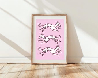 Three Star Dogs art print, a6, a5, a4, a3, quirky wall art, poster, home decor, unique, whimsical, star, sighthound, whippet