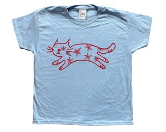 Oh Rats! Screen printed baby blue star cat t-shirt, animal Tee, cute, personalised gifts, cat gift, pet gift, quirky, unique, for her,