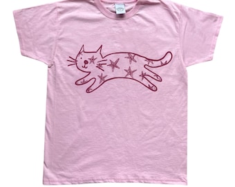 Oh Rats! Screen printed star cat pink t-shirt, animal Tee, cute, personalised gifts, cat gift, pet gift, quirky, unique, for her,