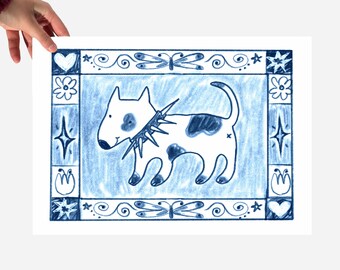 Spiky collar bull terrier art print, a6, a5, a4, a3, dog illustration, quirky wall art, poster, home decor