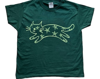 Oh Rats! Screen printed forest green star cat t-shirt, animal Tee, cute, personalised gifts, cat gift, pet gift, quirky, unique, for her,