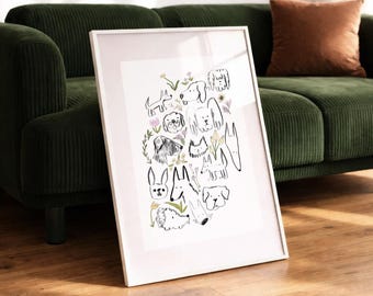 All The dogs Art Print, a6, a5, a4, a3, dog illustration, quirky wall art, poster, polka dot, home decor