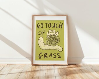 Go touch grass light green Art Poster, a6, a5, a4, a3, snail illustration, quirky wall art, poster, nature print, home decor, gardening