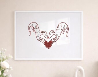Two Dalmatians in love Art Print, a6, a5, a4, a3, dog illustration, quirky wall art, poster, polka dot, home decor
