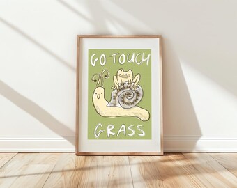 Go touch grass polka dot Art Poster, a6, a5, a4, a3, snail illustration, quirky wall art, poster, nature print, home decor, gardening