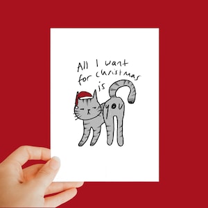 Todo lo que quiero para Navidad eres tú, tarjeta navideña divertida, tarjeta de gato, tarjeta navideña, tarjeta de navidad, tarjeta grosera, tarjeta de agujero en el trasero, tarjeta divertida de gato, atigrado
