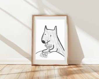 black and white UNO and wine dog, a6, a5, a4, a3, illustration, quirky wall art, poster, polka dot, home decor
