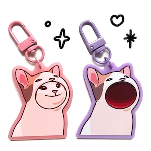 May include: Two cat-shaped keychains with metal clasps. One is pink with a smiling cat face, the other is purple with an open-mouthed cat face. Both have brown and white markings. Decorative stars and a heart are in the background.