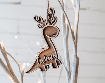 Dinosaur Reindeer Custom Wood Ornament | Dinosaur Christmas Ornament | Custom Dinosaur Tag