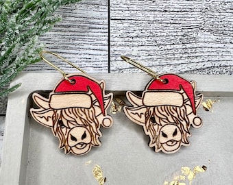Santa Highland Cow Wood Dangle Earrings | Christmas Cow Wood Earrings | Hand-painted Wood Earrings | Nickel-free Wood Earrings