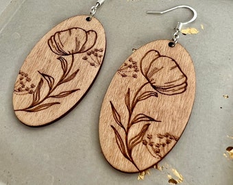 Light Wood Floral Engrave Dangle Earrings | Handmade Wood Earrings | Nickel-free Wood Earrings