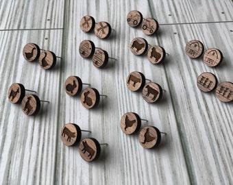 Farmhouse Wood Stud Earrings | Nickel-free Wood Stud Earrings | Goat Earrings | Cow Earrings | Chicken Earrings | Tractor Earrings