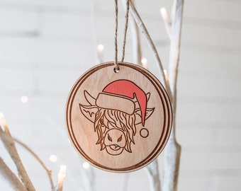 Highland Cow Santa Wood Ornament