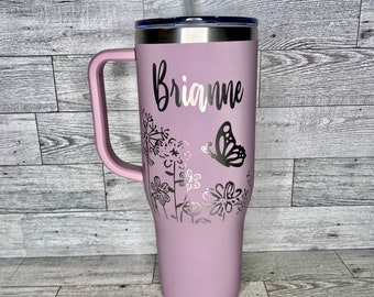 40oz Personalized Floral Tumbler with Handle | 40oz Tumbler | Personalized Tumbler with Handle | Stainless Steel Engraved Tumbler