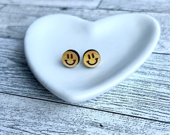Wood Smiley Face Stud Earrings | Nickel-free Wood Stud Earrings
