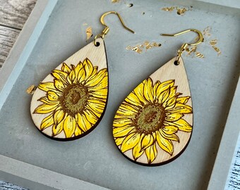 Sunflower Hand-painted Wood Earrings | Nickel-free Wood Earrings