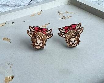 Highland Cow with Bow Wood Stud Earrings | Nickel-free Wood Stud Earrings