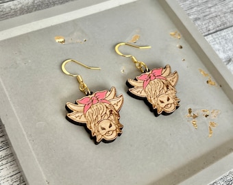 Highland Cow with Bow Wood Dangle Earrings | Hand-painted Wood Earrings | Nickel-free Wood Earrings