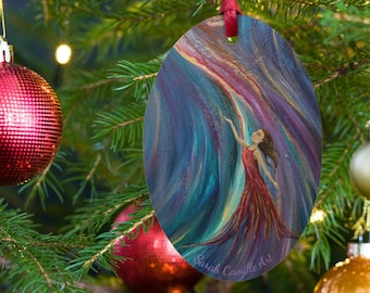 Woman and Dove 'From Ashes' artwork on Wooden Christmas Ornament