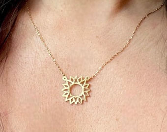 Sunflower gold and silver flower necklace by Sarah Camille Art