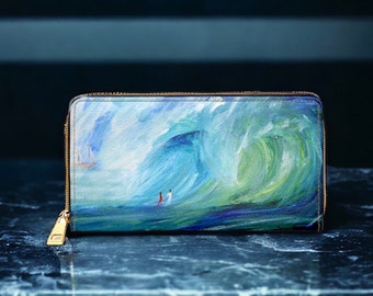 Walking on Water woman and Jesus ocean waves faith faux leather Zipper faith Wallet by Sarah Camille Art