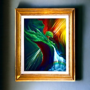Más profundo: impresión artística con el árbol profético de la vida, cascada, doble arcoíris, jardín del Edén, pintura giclée, póster y poema de Sarah Camille Art.