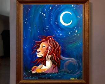 The Resting Place fine art print by Sarah Camille Art Lion of Judah and Woman reaching towards the stars