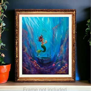 Echos of the Sea little mermaid with shell fine art print by Sarah Camille Art