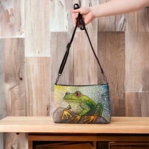 Rainforest Tree Frog Crossbody bag faux vegan leather purse handbag by Sarah Camille Art