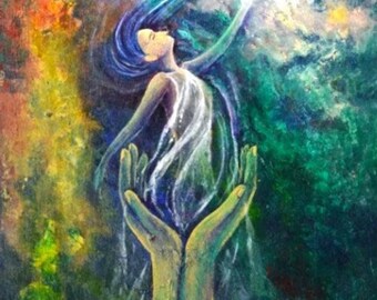 Abundance - rising woman in Gods hands reaching towards dove inspirational fine art giclee print canvas or framed print by Sarah Camille Art