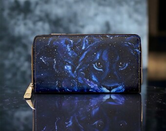 Dreaming with Creation Lion in the Stars faux leather Zipper Wallet