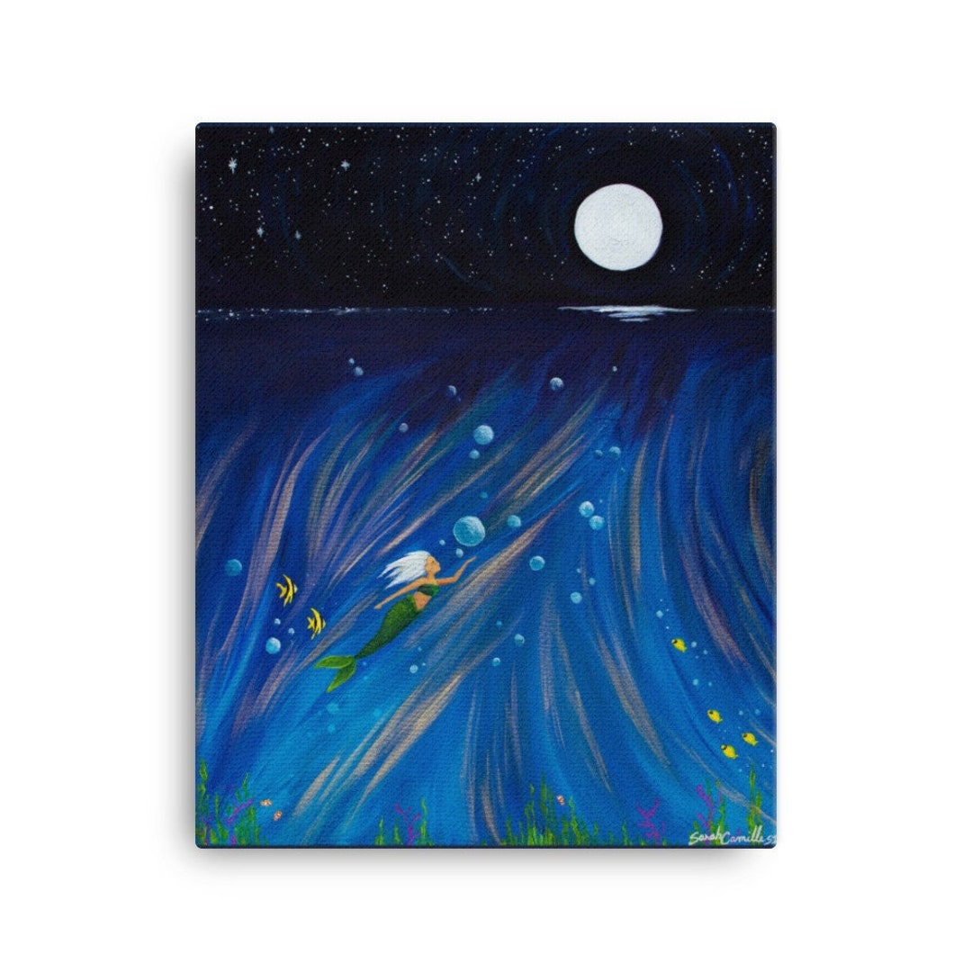 Moonlight Mermaid - Under the Sea Full Moon Artwork on Canvas Print - Etsy