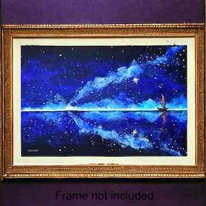 The Wayfinder - Moana inspirierte Kunstwerk Segeln unter der Milchstraße Sternenhimmel Gemälde Kreuz am Horizont von Sarah Camille Art