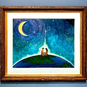 Querido mundo, te amo: una pareja casada y embarazada cuidando la Tierra bajo la luna. Impresión de póster artístico de Sarah Camille Art.