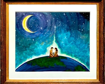 Dear World, I Love You - married pregnant couple taking care of the earth under the moon Fine Art Poster Print by Sarah Camille Art